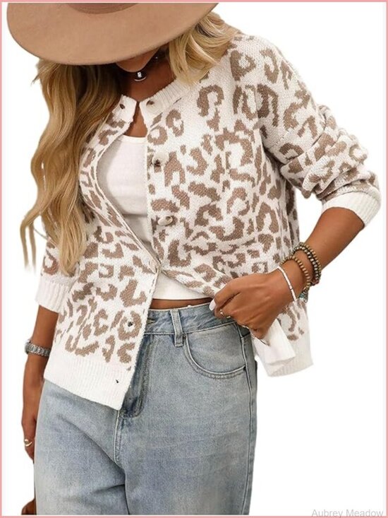 Sweaters - Leopard Cardigan Button Down Long Sleeve Crew Neck Sweater